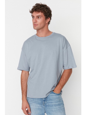 trendyol gray men`s basic 100% cotton crew neck oversize σε προσφορά