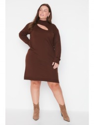 trendyol curve brown stand up collar cut out detailed knitwear dress