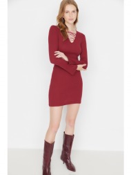 trendyol claret red tie detailed corduroy knitted dress