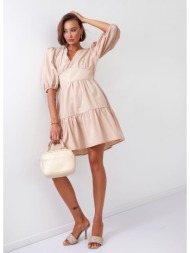 waist dress with puffed sleeves of beige color