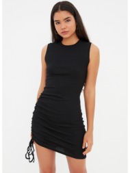 trendyol black ribbed bodycon ruffle detailed knitted dress