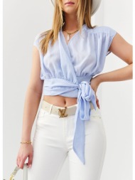 short, clutch blouse with tie in blue