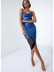 fitted dress with indigo ruffles