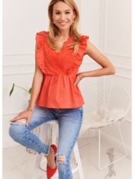 lady`s summer blouse with embroidered front, coral