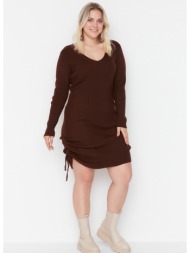 trendyol curve brown side pleated knitwear dress