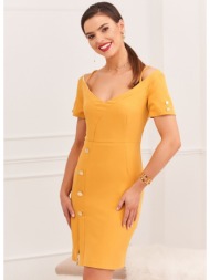elegant dress with mustard carmen neckline