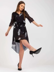 black asymmetrical dress with yarela print and binding