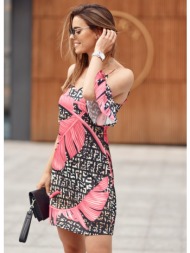black dress with straps with sleeves of pink leaves