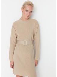 trendyol beige belt detailed mini knitwear dress