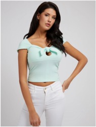 light green women`s ribbed cropped t-shirt with bow guess valerian - women