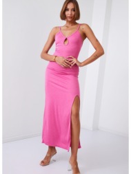 simple maxi dress with shoulder straps and pink fly