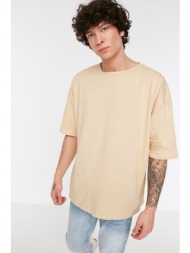 trendyol beige men`s basic 100% cotton crew neck oversized short sleeved t-shirt