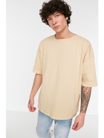 trendyol beige men`s basic 100% cotton crew neck oversized σε προσφορά