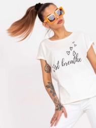 beige women`s short sleeve t-shirt with pole inscription