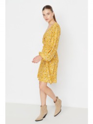 trendyol mustard patterned double breasted collar dress