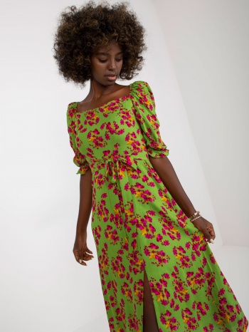 light green midi dress with flowers with slit σε προσφορά