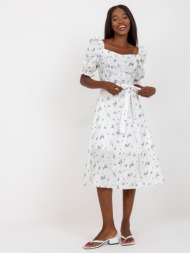 white and grey midi dress with print and embroidery