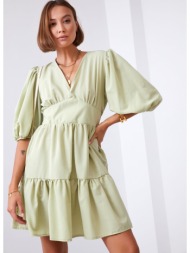 waist dress with puffed sleeves in olive green
