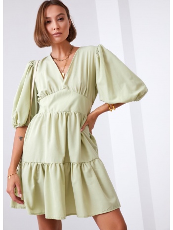 waist dress with puffed sleeves in olive green σε προσφορά
