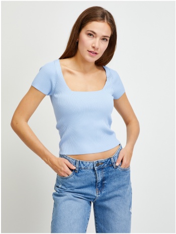 light blue women`s ribbed cropped t-shirt guess - women σε προσφορά