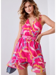 light patterned dress with belt in pink and blue