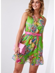 bright patterned dress with green and pink belt