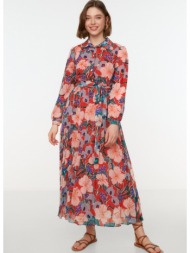 trendyol multicolored floral pattern belted shirt collar chiffon woven dress