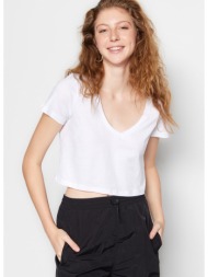 trendyol white 100% cotton single jersey v neck crop knitted t-shirt