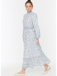 trendyol blue floral stand up collar self waist detailed chiffon woven dress