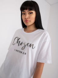 white women`s t-shirt with inscription and application