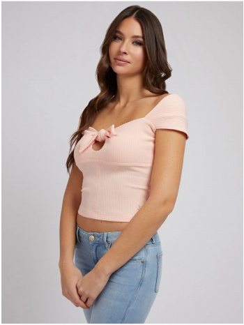 light pink women`s ribbed cropped t-shirt with bow guess σε προσφορά