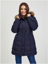 orsay dark blue women`s quilted winter coat with detachable hood with fur - women