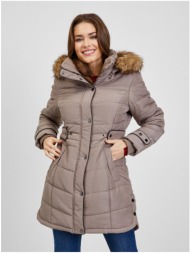 orsay brown women`s quilted winter coat with detachable hood with fur - women