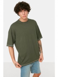 trendyol khaki men`s oversize fit 100% cotton crew neck short sleeve embroidered t-shirt