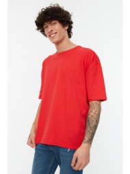 trendyol red men`s basic 100% cotton crew neck oversize short sleeved t-shirt
