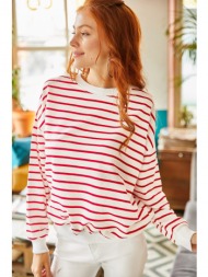 olalook women`s white claret red stripe basic soft textured loose sweatshirt