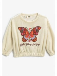koton girls` embroidered butterfly ribbed round neck crop sweatshirt
