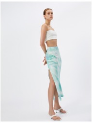 koton satin midi skirt with slits and tie-dye patterned a-line viscose.