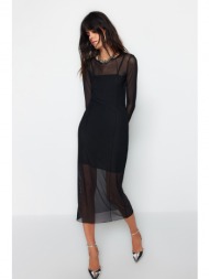 trendyol black tulle lined, fitted midi dress
