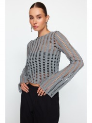 trendyol gray mesh spanish sleeve slim fit crop crew neck knitted blouse
