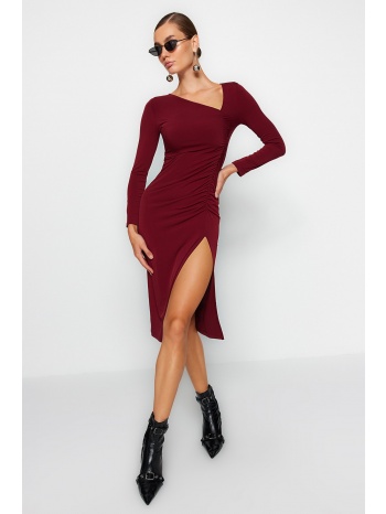 trendyol claret red slit asymmetrical collar midi knit dress σε προσφορά