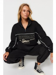 trendyol black with zipper, printed oversize/wide fit, fleece inside, knitted sweatshirt