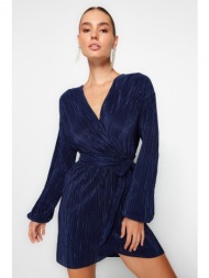trendyol navy blue belted pleated dress that opens at the waist/skater knitted lined