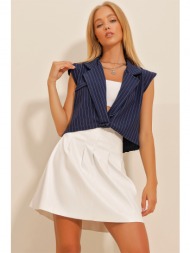trend alaçatı stili women`s navy blue shirt collar filet striped blouse