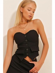 trend alaçatı stili women`s black off-the-shoulder corset vest with a fitted body