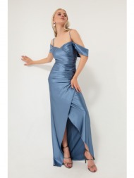 lafaba women`s indigo long evening dress with slim straps, double breasted collar and slit.