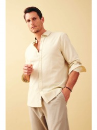 defacto modern fit polo neck linen blended long sleeve shirt