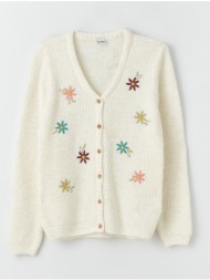 lc waikiki girls` v-neck knitwear cardigan with embroidery long sleeves