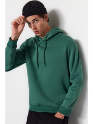 trendyol green men`s basic regular/normal cut hoodie with labels and fleece fleece cotton thick swea