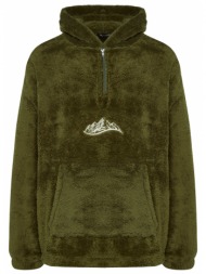 trendyol khaki men`s oversize/wide-fit zippered hoody, embroidered mountains with pockets, thick fle